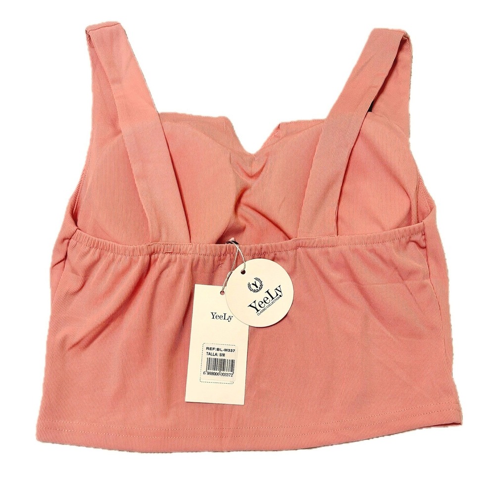 YeeLy Pink Ribbed Crop Top Notched Neckline Sleeveless BL-M337 Size S/M - Picture 3 of 5
